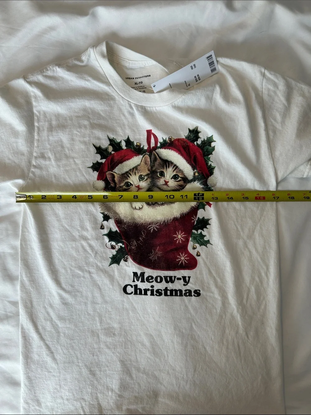 Urban Outfitters White Holiday Cat Tee with Red & Green Kitten Graphic